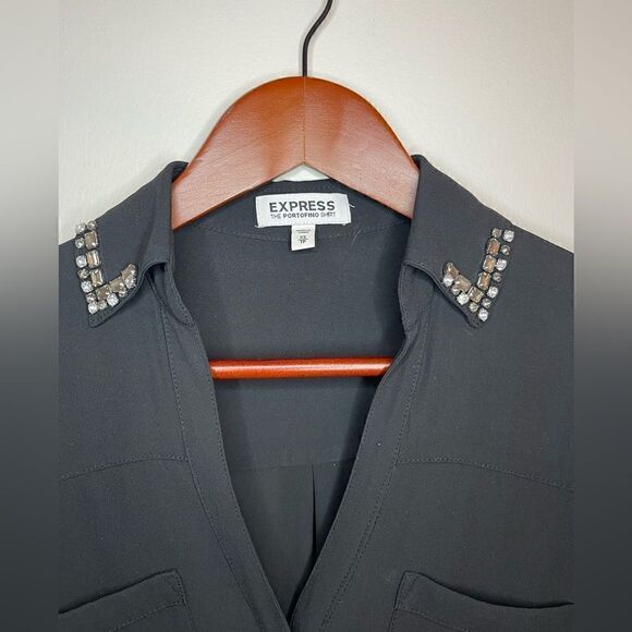 Express Black Portofino shirt with Jeweled collar Size XS - Picture 8 of 10
